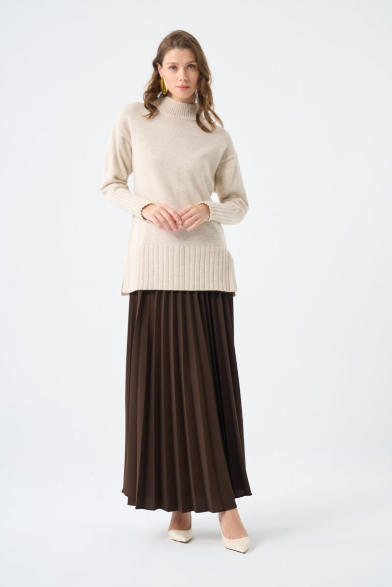 Mizalle Basic Örme Piliseli Kahverengi Uzun Etek - Mizalle