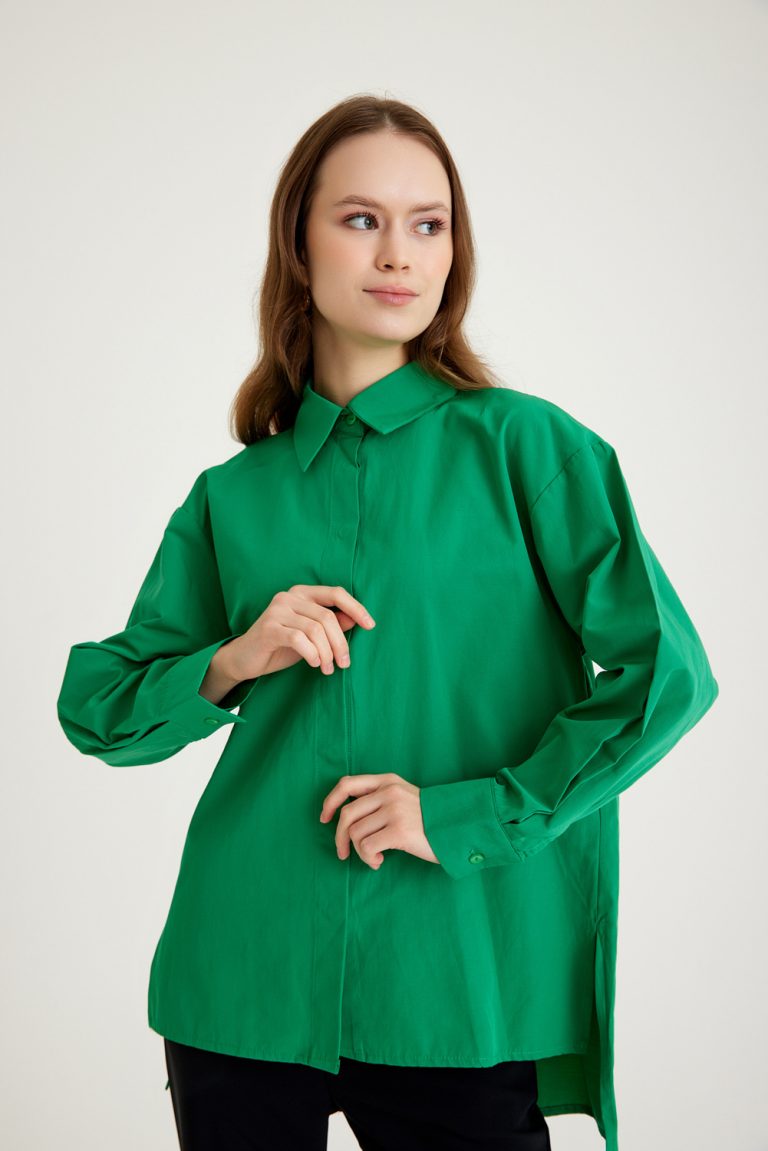 Mizalle Arkası Uzun Basic Yeşil Pamuklu Gömlek - Mizalle