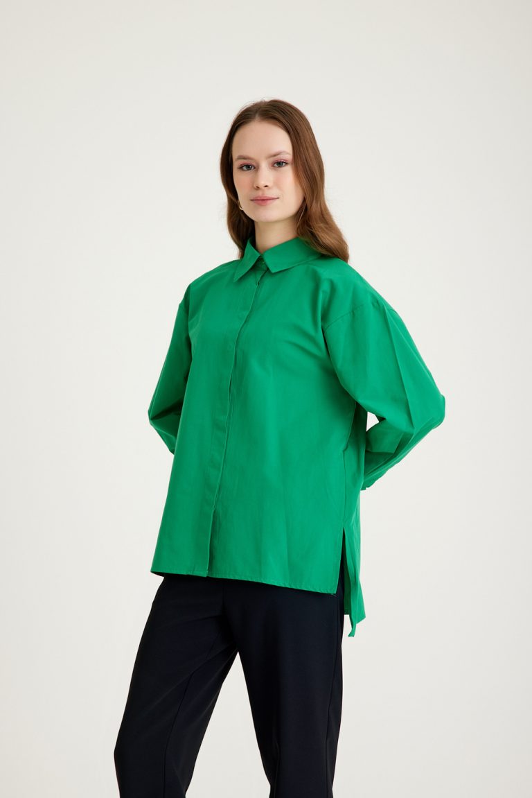 Mizalle Arkası Uzun Basic Yeşil Pamuklu Gömlek - Mizalle