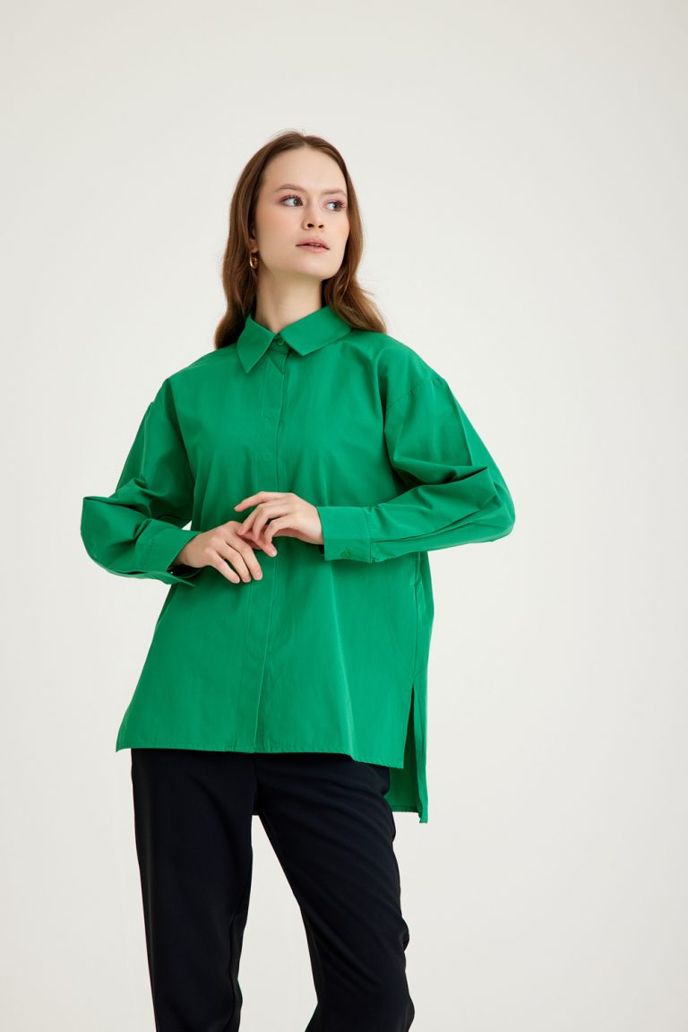 Mizalle Arkası Uzun Basic Yeşil Pamuklu Gömlek - Mizalle