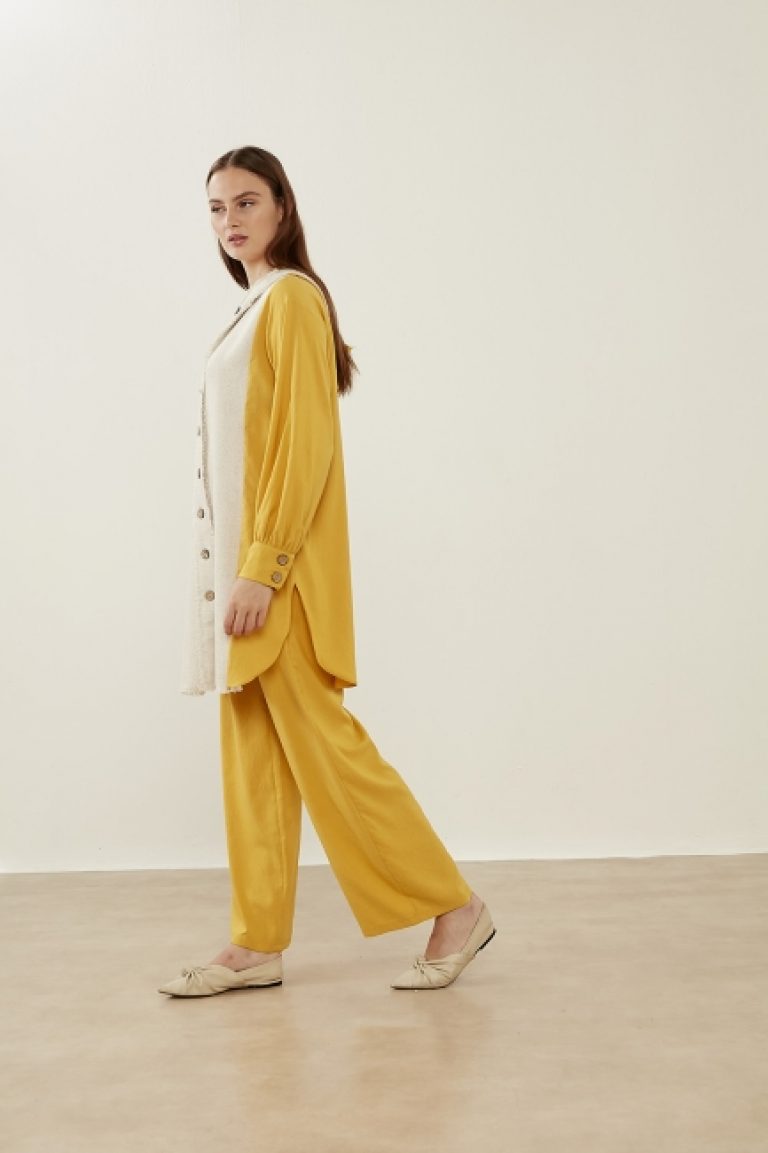 Mizalle Geniş Paça Rahat Kesim Sarı Pantolon - Mizalle