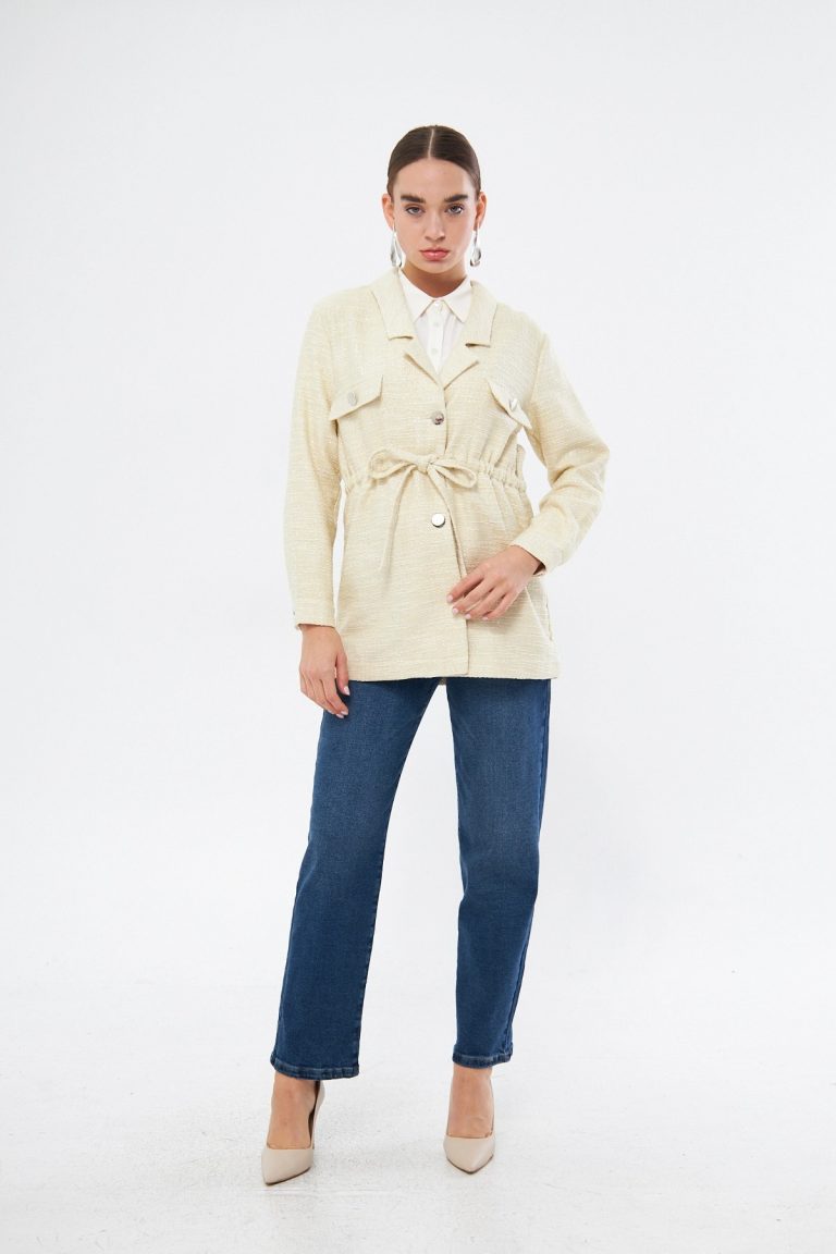 Mizalle Beli Bağcıklı Ekru Safari Ceket - Mizalle
