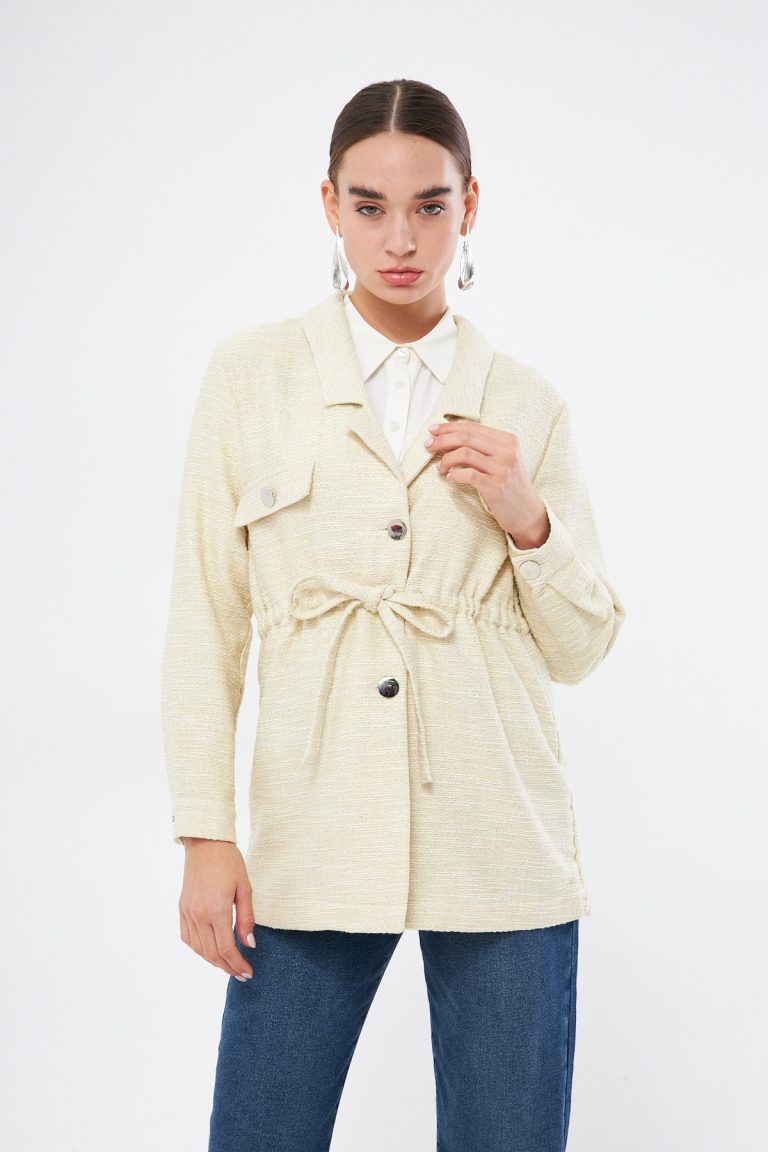 Mizalle Beli Bağcıklı Ekru Safari Ceket - Mizalle