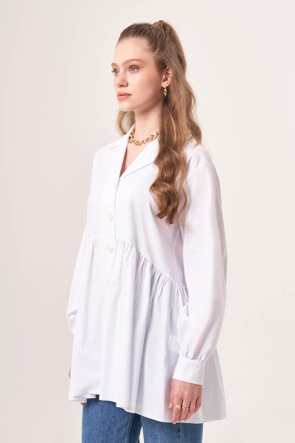 Beli Büzgülü Ekru Gömlek Beli Büzgülü Ekru Gömlek