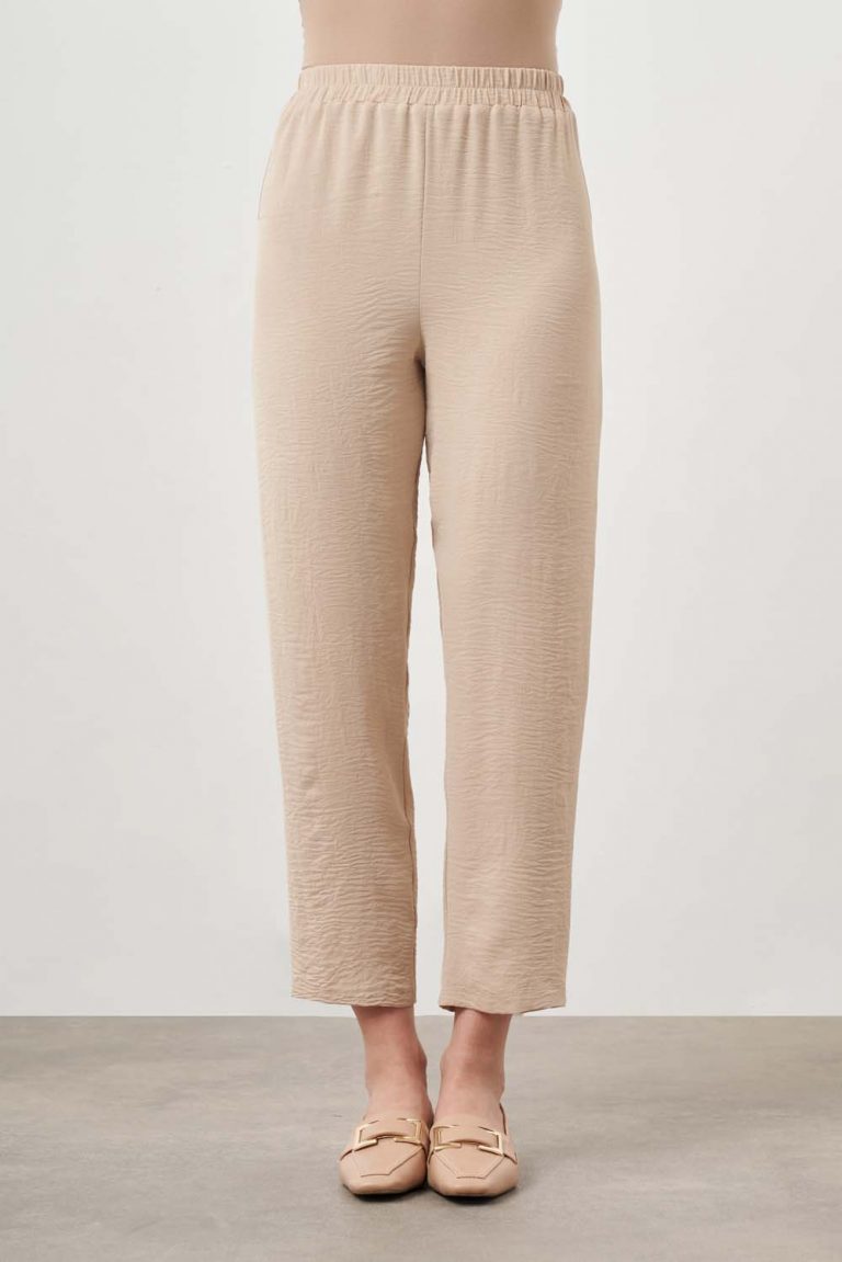 Mizalle Beli Lastikli Bej Rengi İnce Kumaş Pantolon - Mizalle