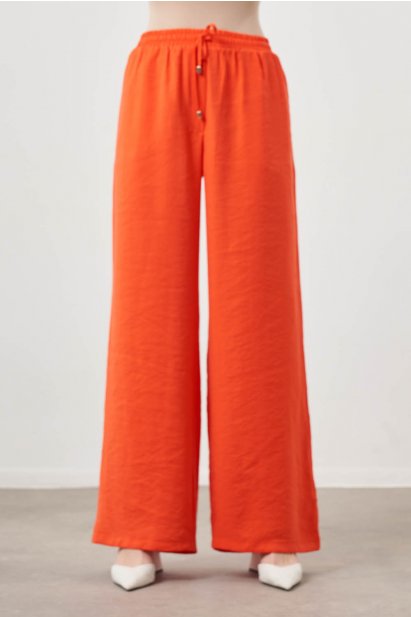 Mizalle Beli Bağcıklı Geniş Paça Modal Karışımlı Nar Çiçeği Pantolon - Mizalle