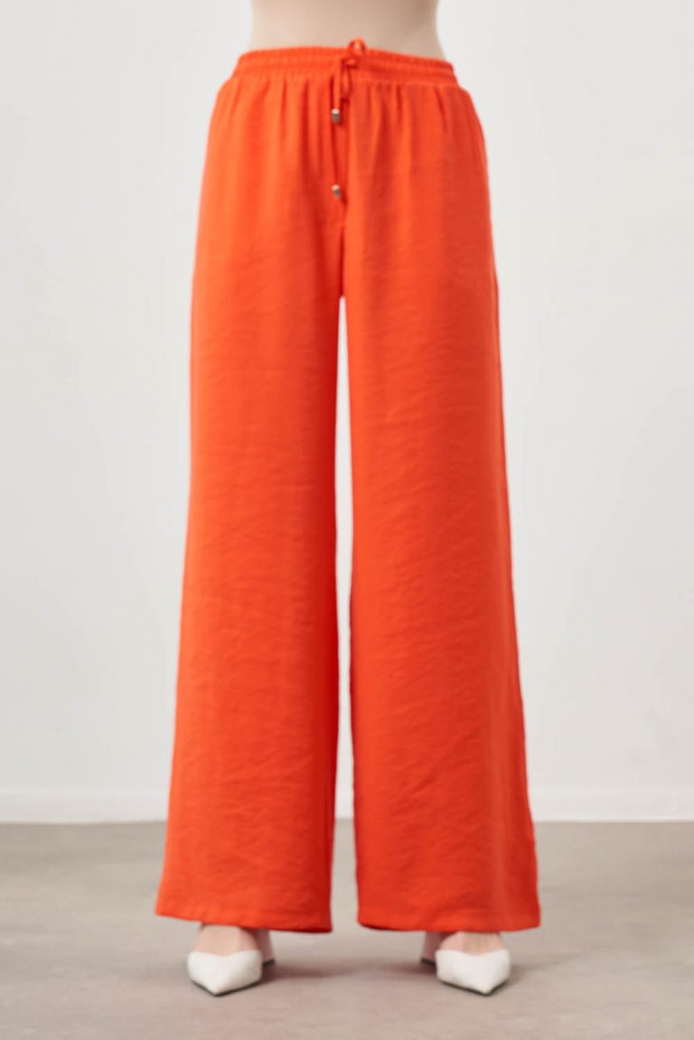 Mizalle Beli Bağcıklı Geniş Paça Modal Karışımlı Nar Çiçeği Pantolon - Mizalle