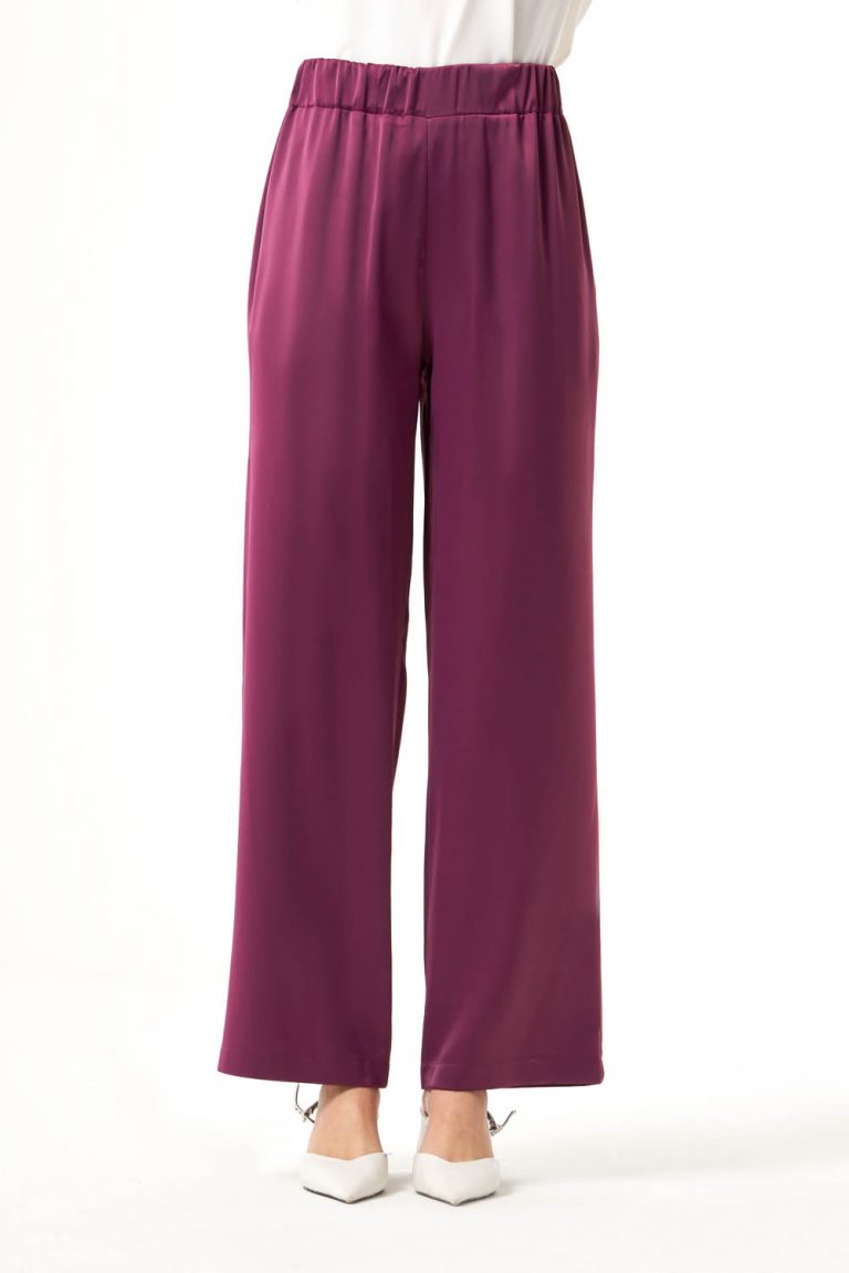 Mizalle Beli Lastikli Geniş Kesimli Gül Kurusu Saten Pantolon - Mizalle