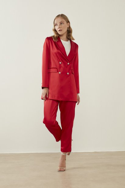 Mizalle Kısa Paça Beli Lastikli Kırmızı Şık Saten Pantolon - Mizalle