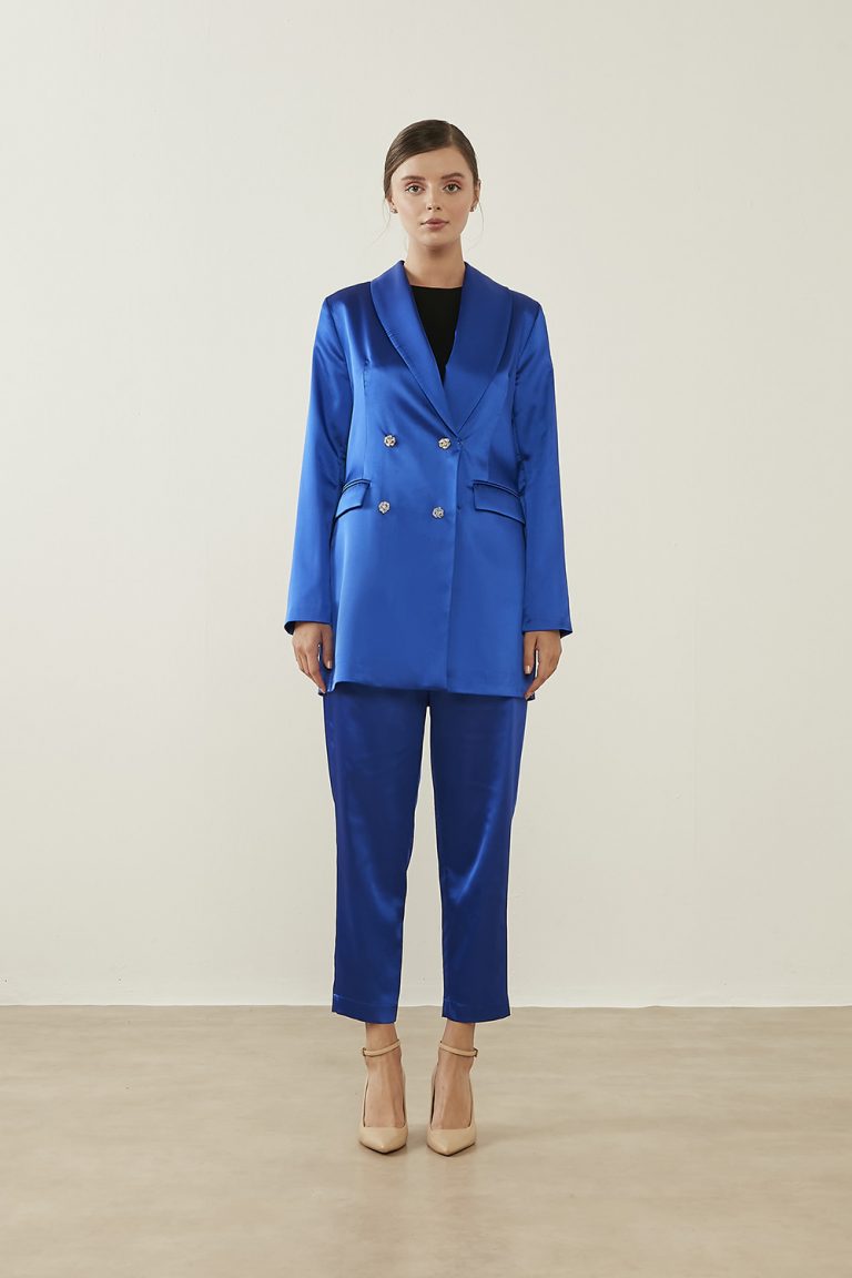 Mizalle Kısa Paça Beli Lastikli Saks Mavisi Şık Saten Pantolon - Mizalle