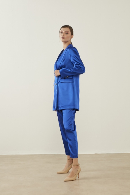 Mizalle - Mizalle Kısa Paça Beli Lastikli Saks Mavisi Şık Saten Pantolon