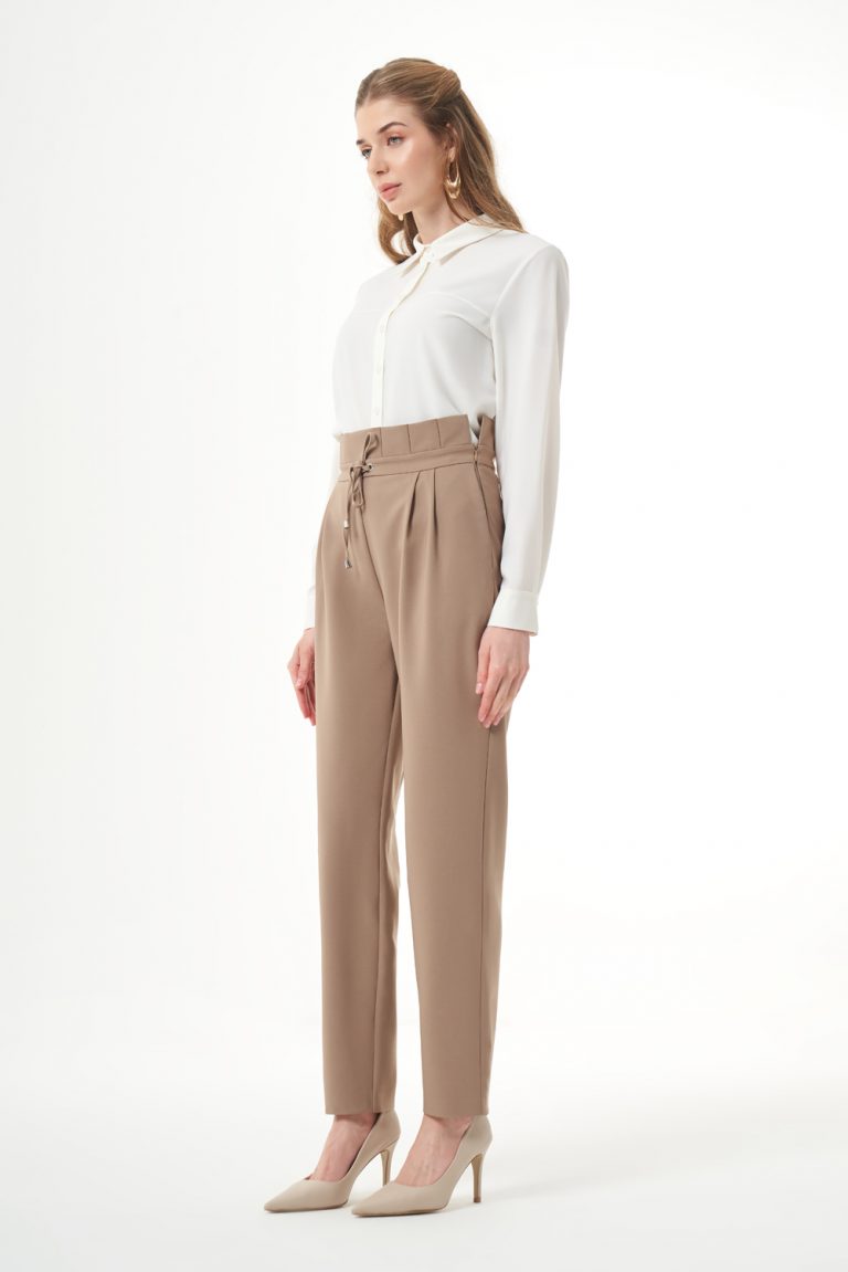 Beli Pile Bağcıklı Vizon Pantolon - Mizalle