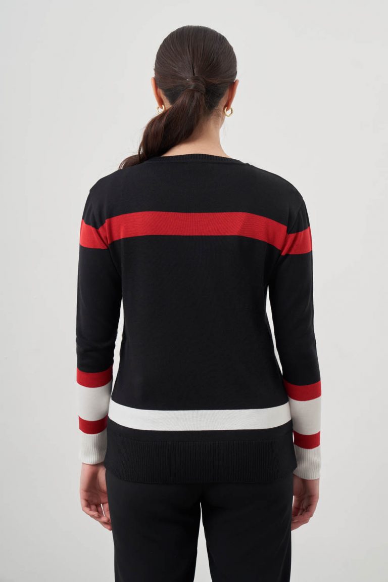 Mizalle Kırmızı Ekru renk Bloklu Siyah Premium Triko Kazak - Mizalle