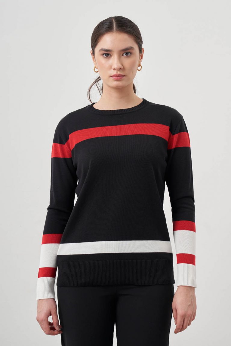 Mizalle Kırmızı Ekru renk Bloklu Siyah Premium Triko Kazak - Mizalle