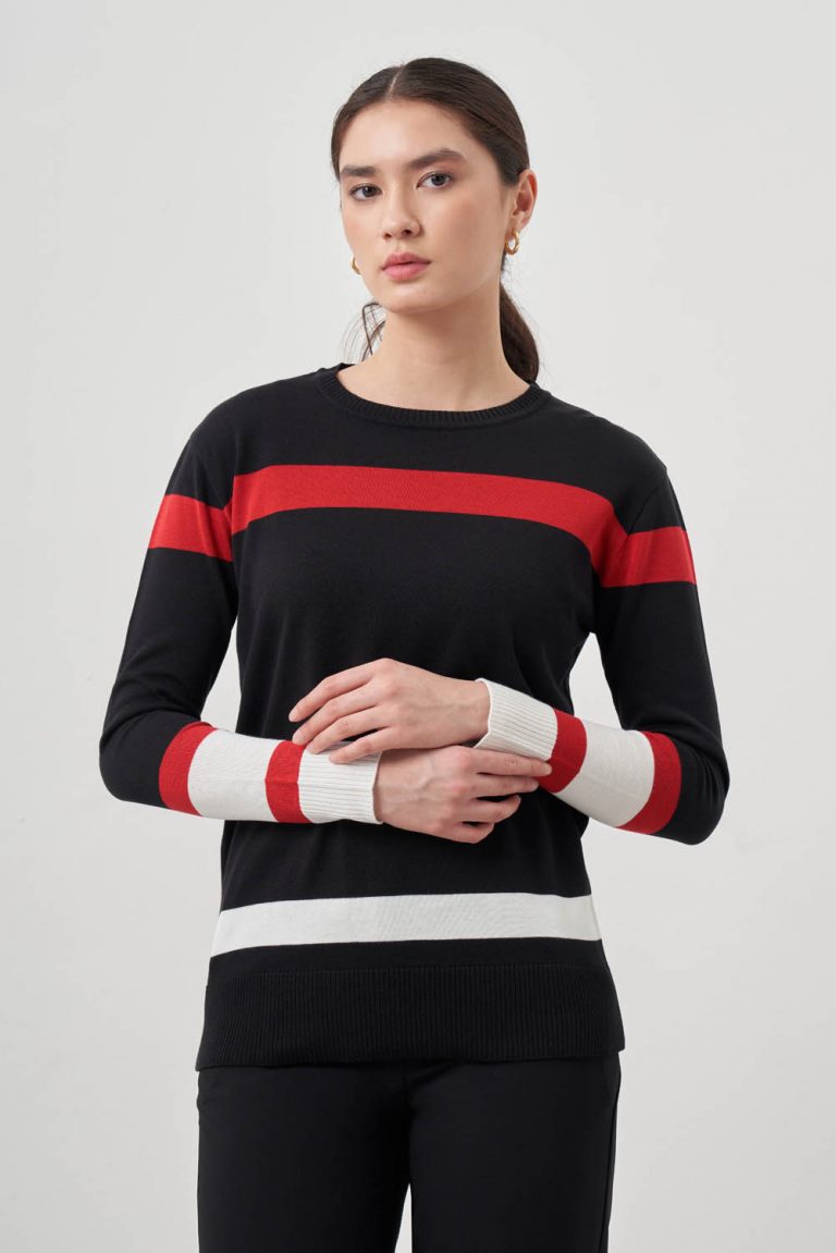 Mizalle Kırmızı Ekru renk Bloklu Siyah Premium Triko Kazak - Mizalle