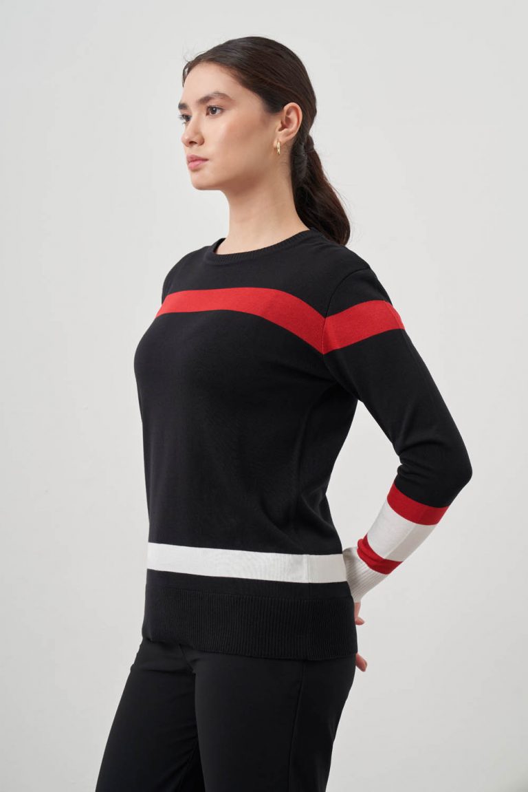 Mizalle Kırmızı Ekru renk Bloklu Siyah Premium Triko Kazak - Mizalle