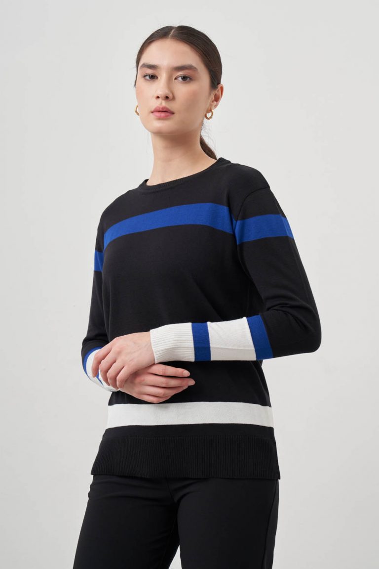 Mizalle Mavi Ekru renk Bloklu Siyah Premium Triko Kazak - Mizalle