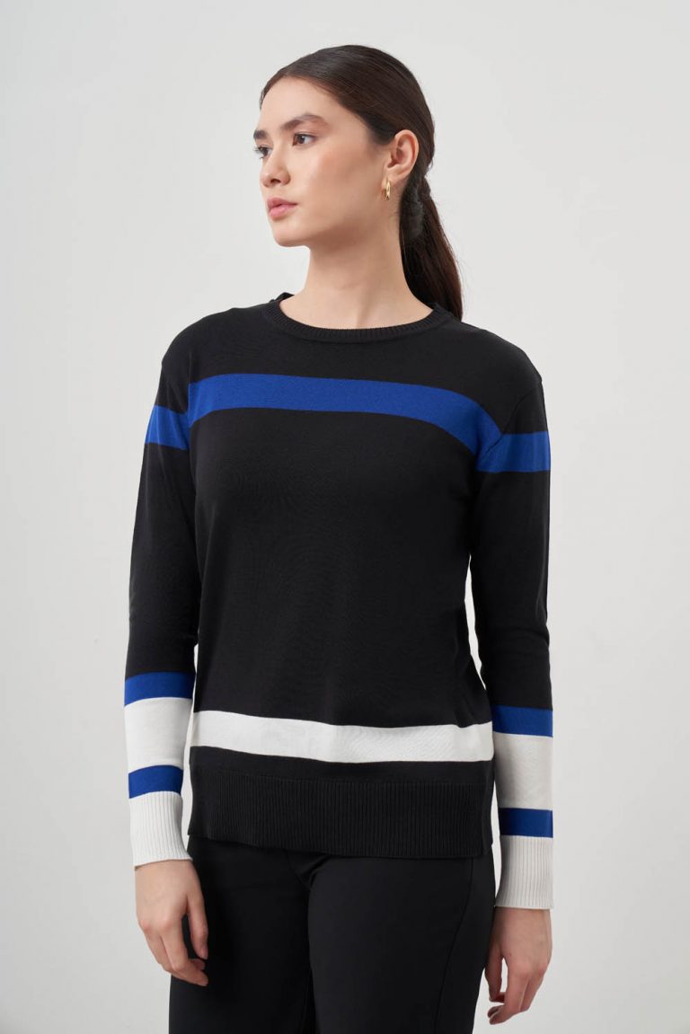 Mizalle Mavi Ekru renk Bloklu Siyah Premium Triko Kazak - Mizalle