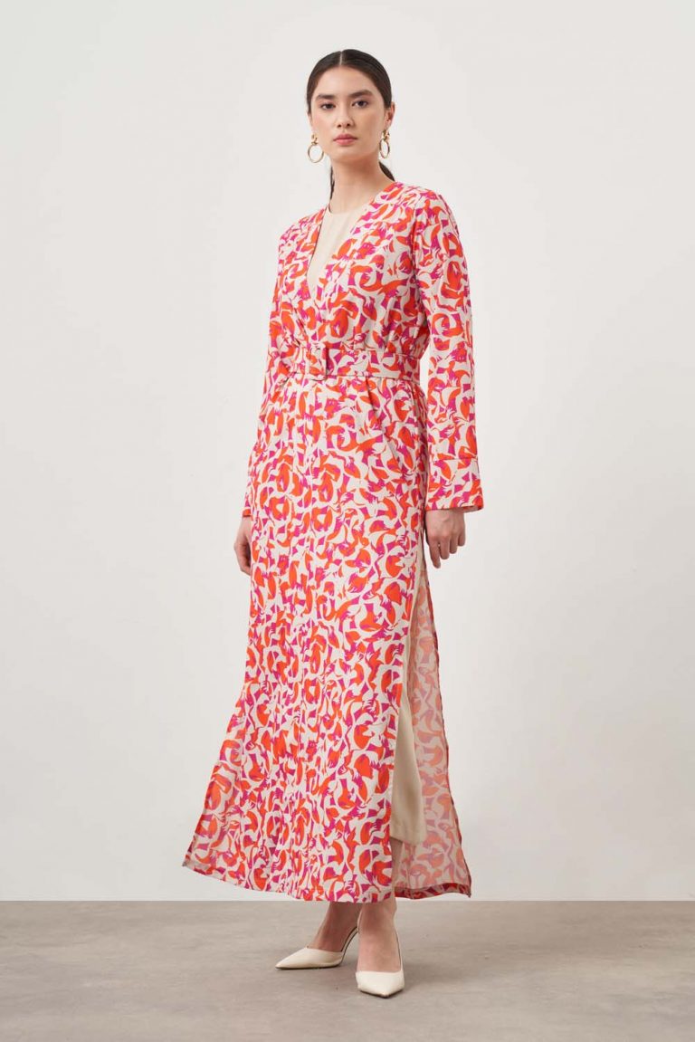 Mizalle Kırmızı Desenli Uzun Kimono 2 li Takım - Mizalle