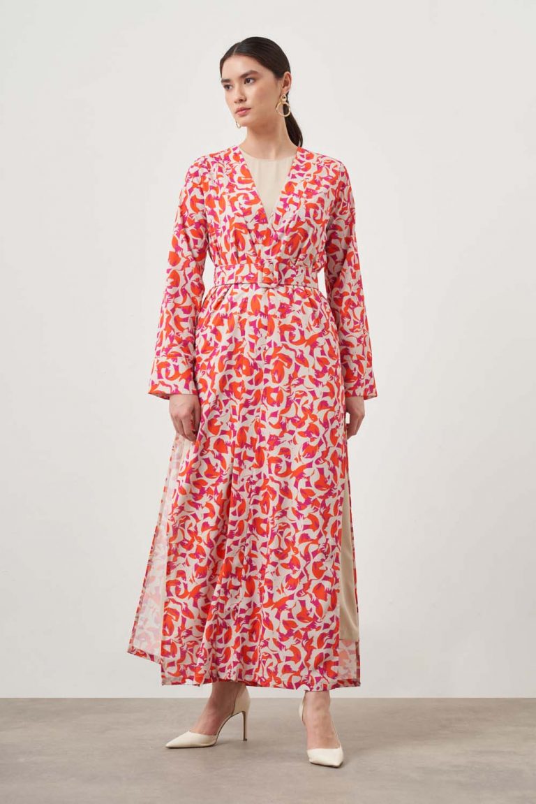 Mizalle Kırmızı Desenli Uzun Kimono 2 li Takım - Mizalle