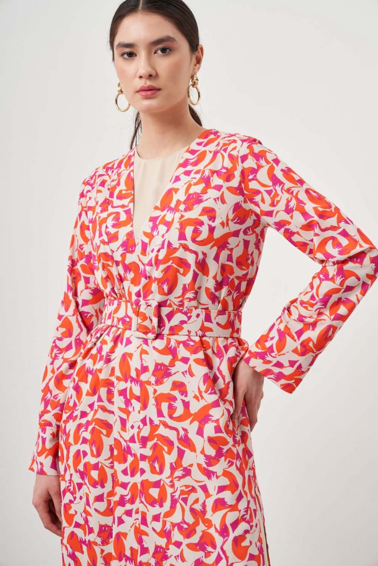 Mizalle Kırmızı Desenli Uzun Kimono 2 li Takım - Mizalle