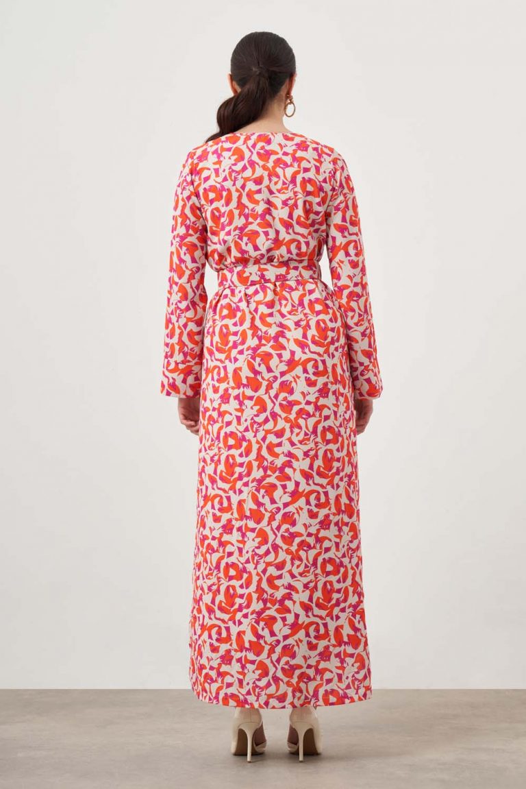 Mizalle Kırmızı Desenli Uzun Kimono 2 li Takım - Mizalle