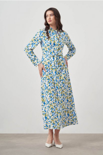 Mizalle Yeşil Mavi Desenli Kuşaklı Uzun Gömlek Elbise - Mizalle