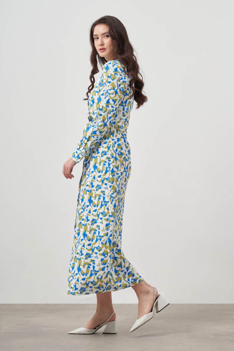 Mizalle Yeşil Mavi Desenli Kuşaklı Uzun Gömlek Elbise - Mizalle