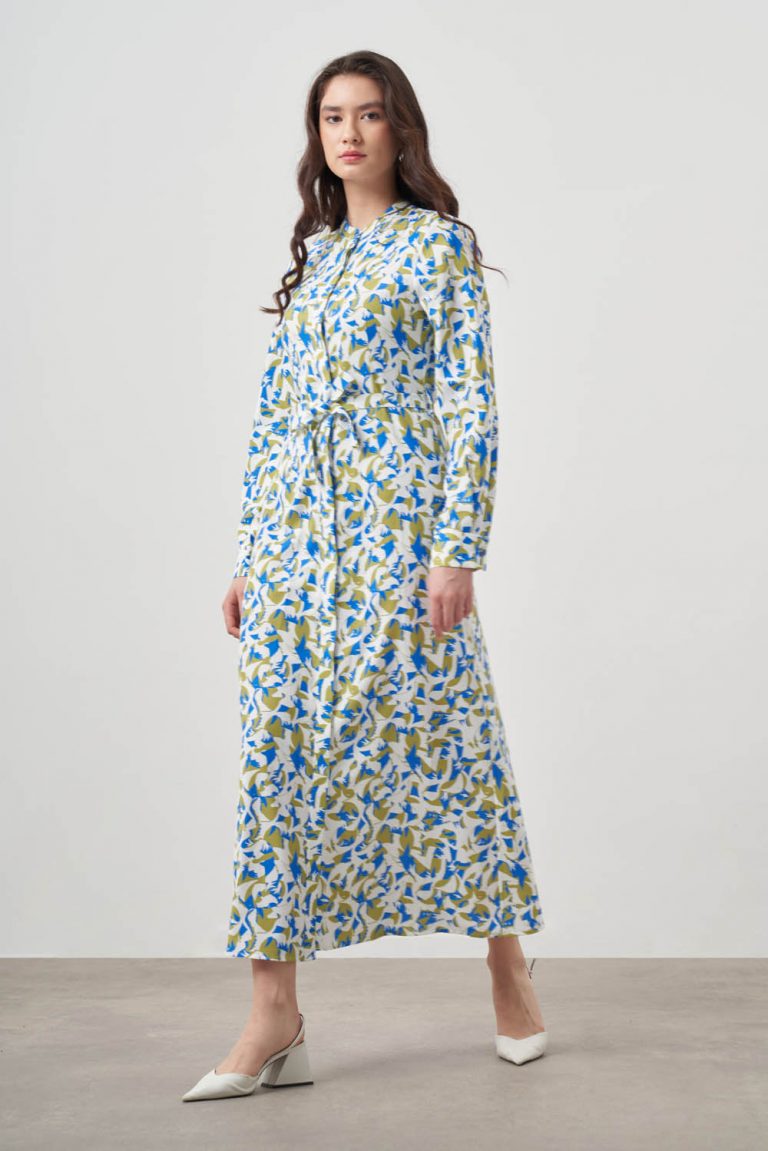 Mizalle Yeşil Mavi Desenli Kuşaklı Uzun Gömlek Elbise - Mizalle