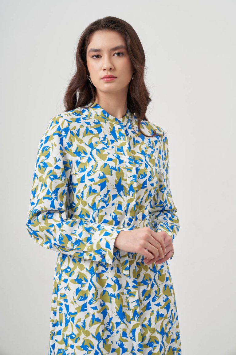 Mizalle Yeşil Mavi Desenli Kuşaklı Uzun Gömlek Elbise - Mizalle