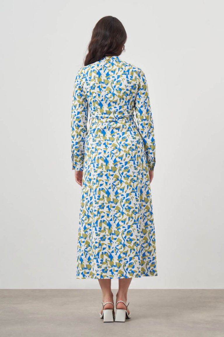 Mizalle Yeşil Mavi Desenli Kuşaklı Uzun Gömlek Elbise - Mizalle