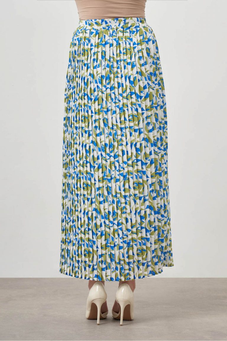 Mizalle Mavi Çiçek Desenli Pliseli Uzun Etek