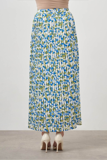 Mizalle - Mizalle Mavi Çiçek Desenli Pliseli Uzun Etek