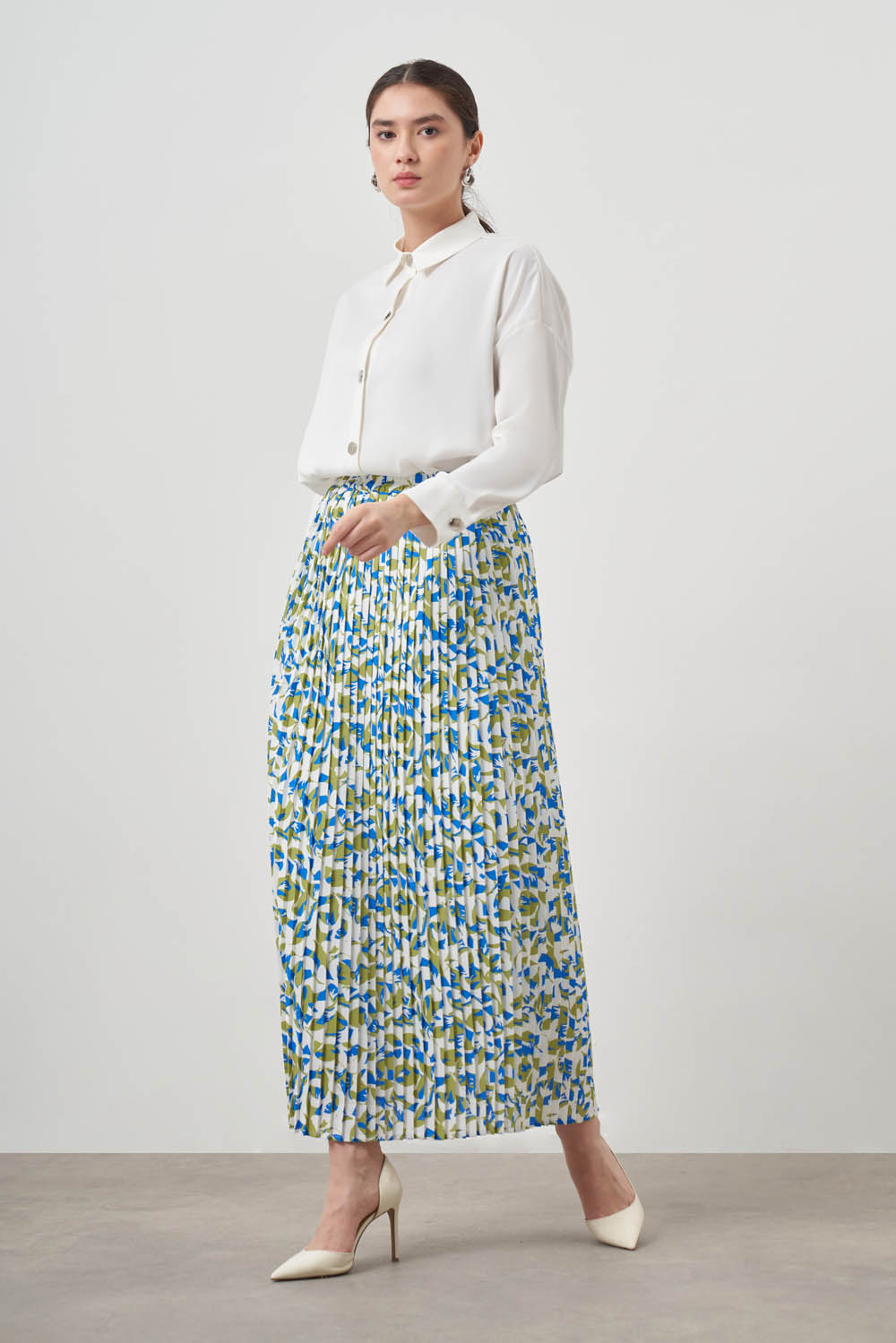 Mizalle Mavi Çiçek Desenli Pliseli Uzun Etek - 1