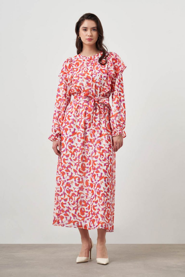 Mizalle Fırfır Detaylı Nar Çiçeği Desenli Uzun Şifon Elbise - Mizalle