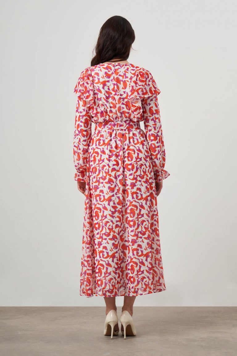 Mizalle Fırfır Detaylı Nar Çiçeği Desenli Uzun Şifon Elbise - Mizalle