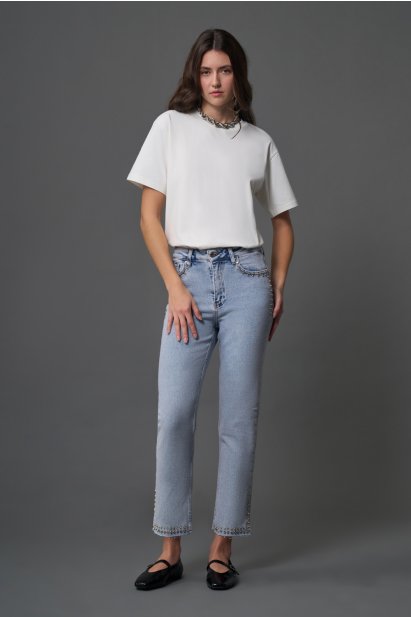 Mizalle Taş Detaylı Açık Mavi Denim Pantolon - Mizalle