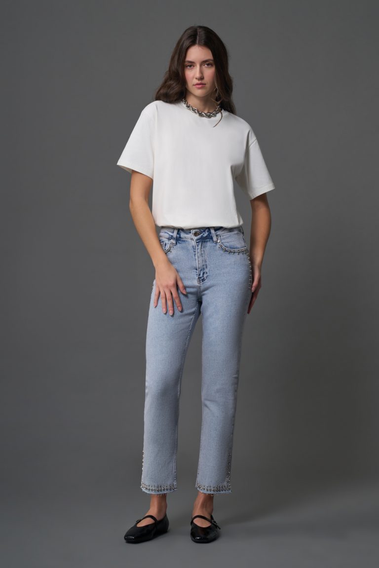 Mizalle Taş Detaylı Açık Mavi Denim Pantolon - Mizalle