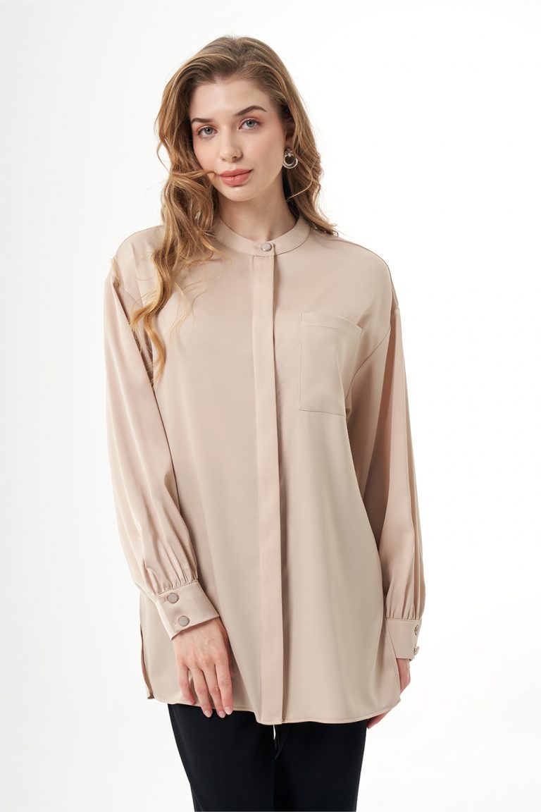 Mizalle Hakim Yaka Bej Rengi Saten Tunik - Mizalle