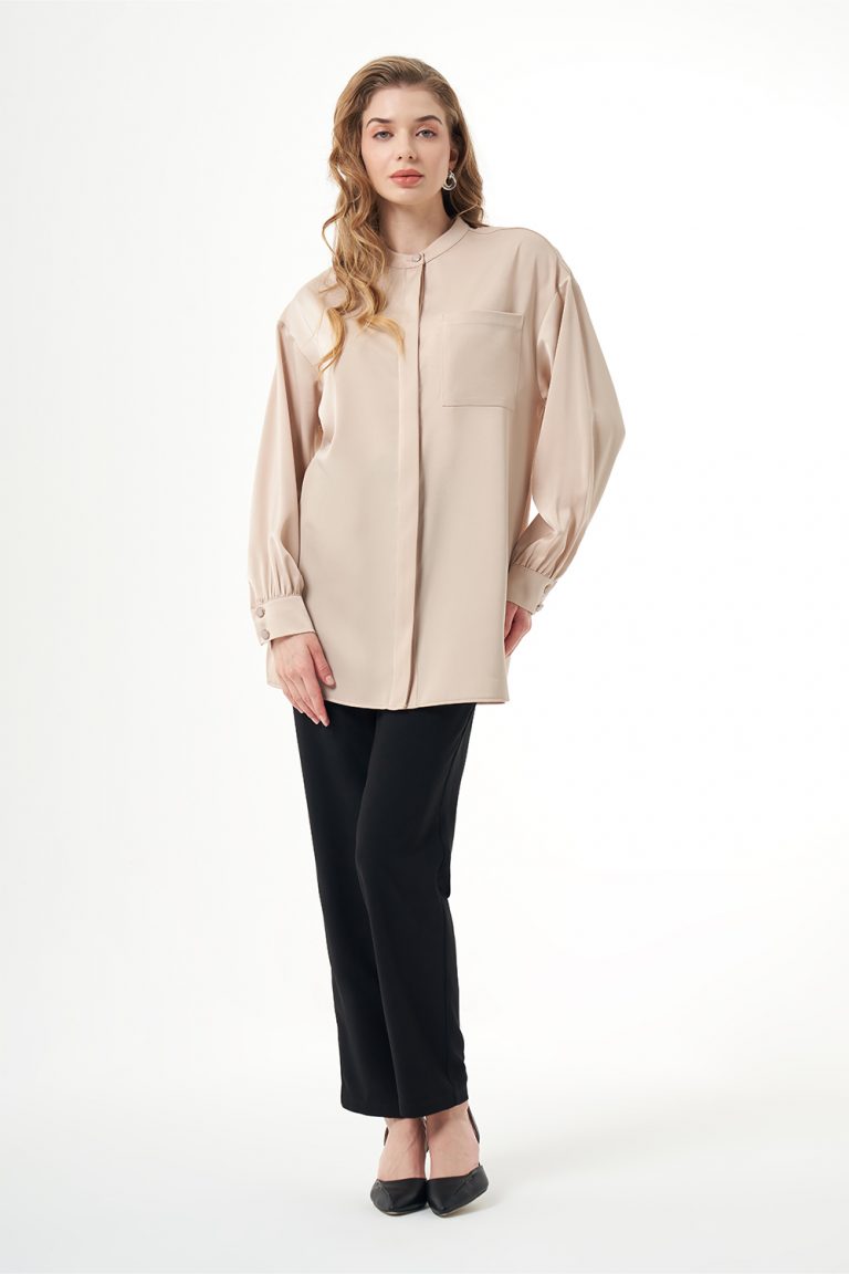 Mizalle Hakim Yaka Bej Rengi Saten Tunik - Mizalle