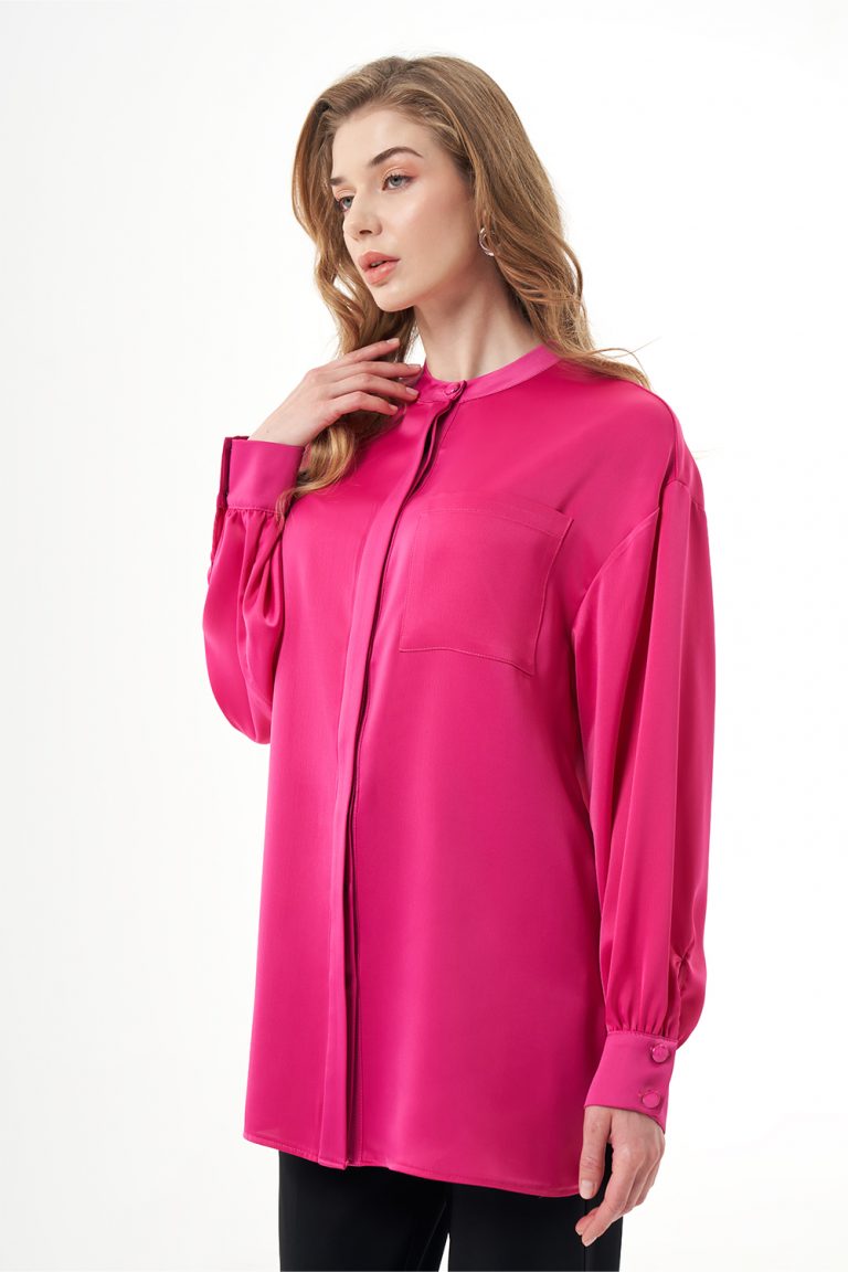 Mizalle Hakim Yaka Fuşya Saten Tunik - Mizalle
