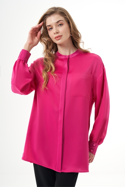 Mizalle - Mizalle Hakim Yaka Fuşya Saten Tunik