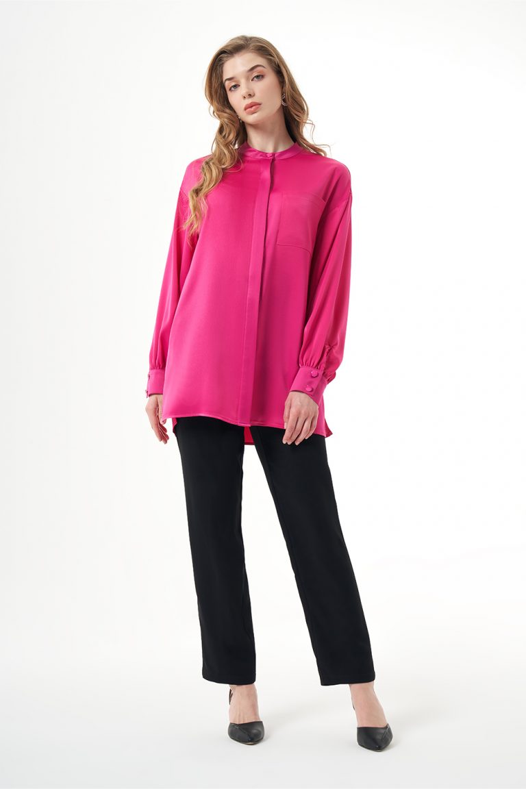Mizalle Hakim Yaka Fuşya Saten Tunik - Mizalle