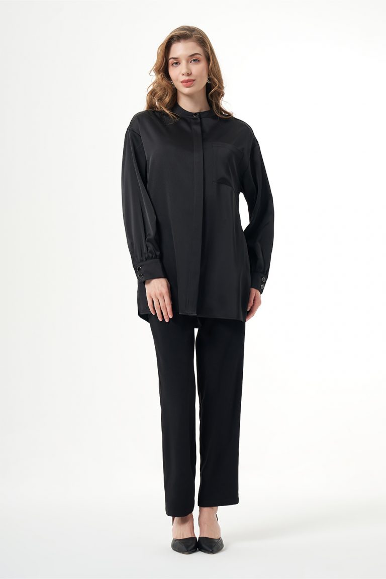 Mizalle Hakim Yaka Siyah Saten Tunik - Mizalle