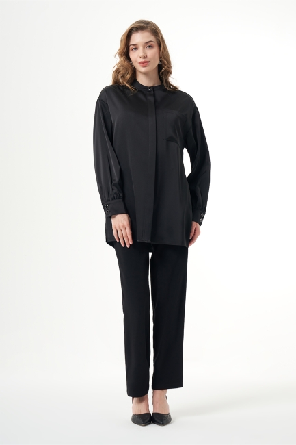 Mizalle - Mizalle Hakim Yaka Siyah Saten Tunik Mizalle - Mizalle Hakim Yaka Siyah Saten Tunik