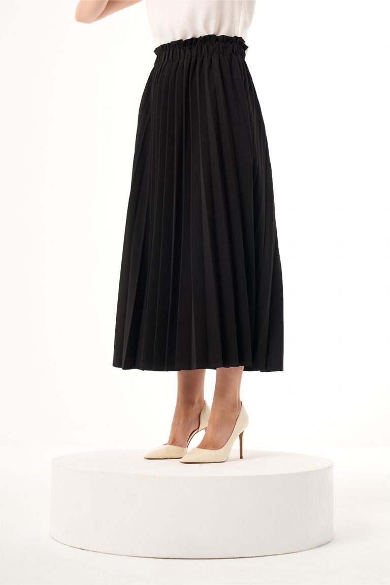 Mizalle Beli Lastikli Piliseli Siyah Uzun Etek - Mizalle