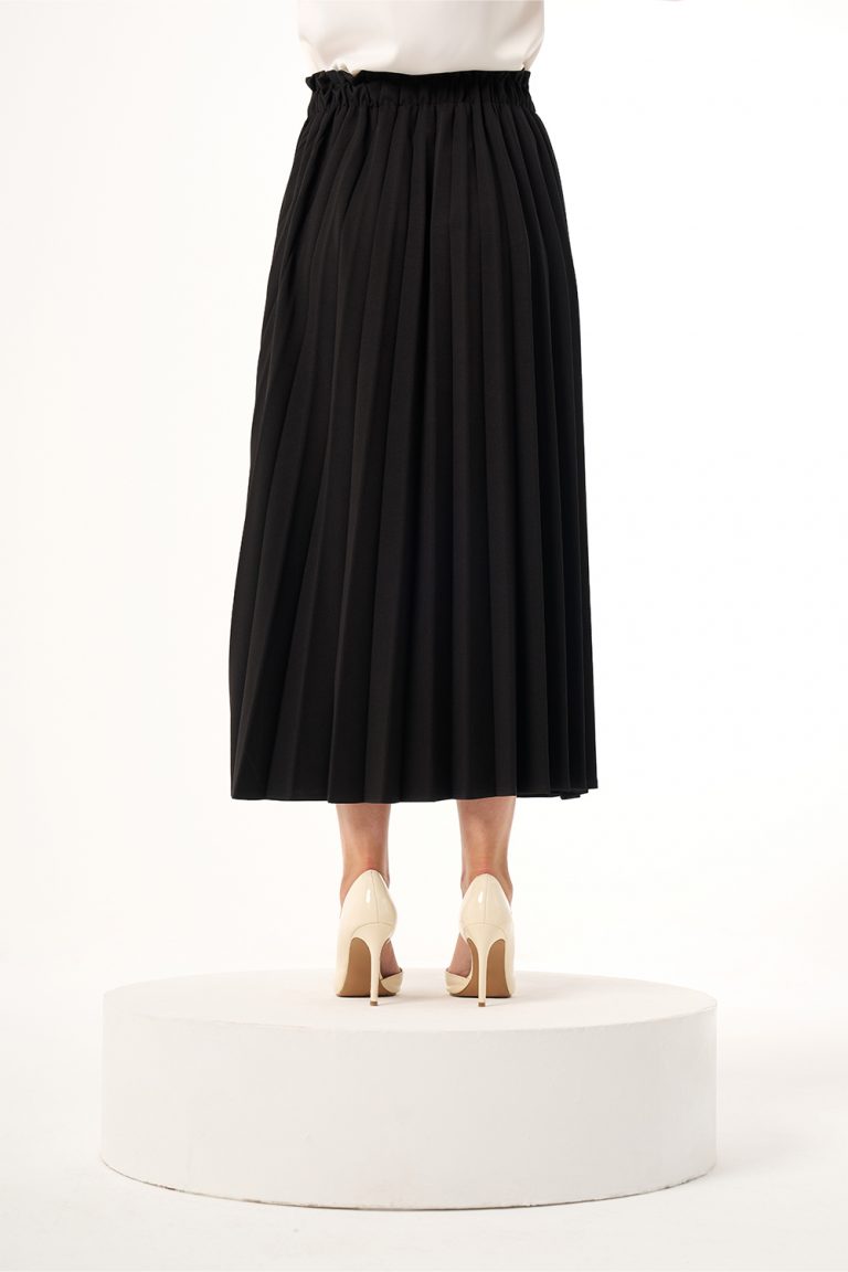 Mizalle Beli Lastikli Piliseli Siyah Uzun Etek - Mizalle