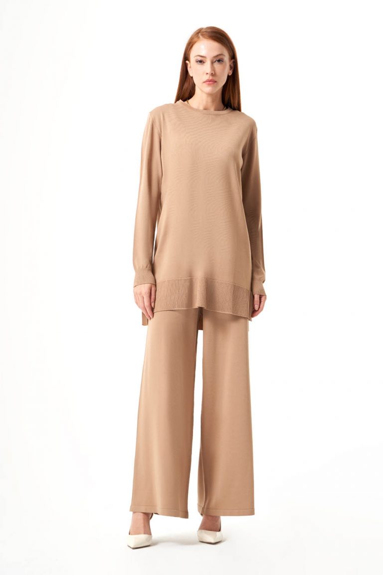 Mizalle Yuvarlak Yaka Camel Uzun Triko Tunik - Mizalle