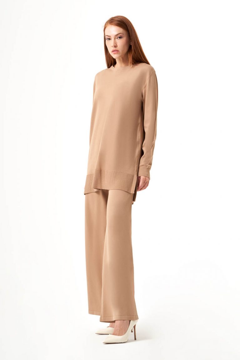Mizalle Yuvarlak Yaka Camel Uzun Triko Tunik - Mizalle