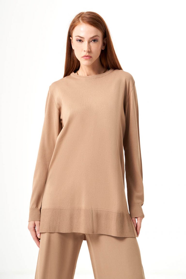 Mizalle Yuvarlak Yaka Camel Uzun Triko Tunik - Mizalle